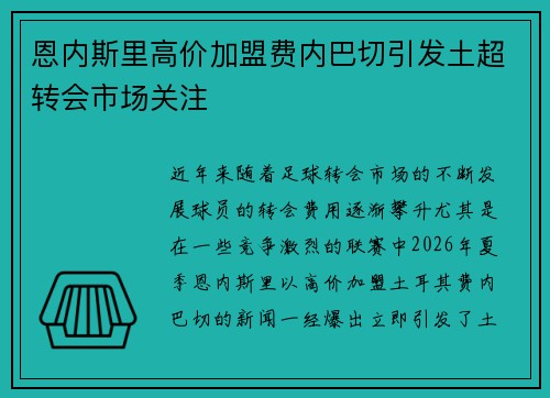 恩内斯里高价加盟费内巴切引发土超转会市场关注