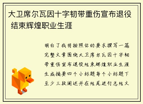 大卫席尔瓦因十字韧带重伤宣布退役 结束辉煌职业生涯