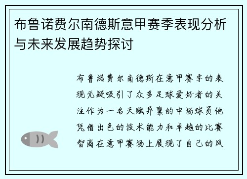 布鲁诺费尔南德斯意甲赛季表现分析与未来发展趋势探讨